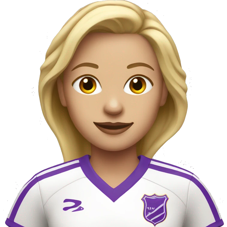 a blonde woman in a white soccer jersey with purple pinstripes going down emoji