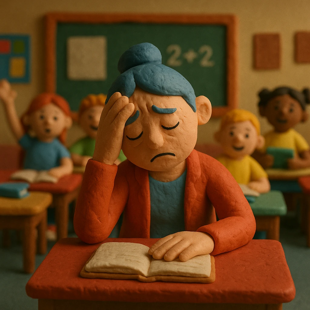 exhausted teacher in a bustling classroom emoji