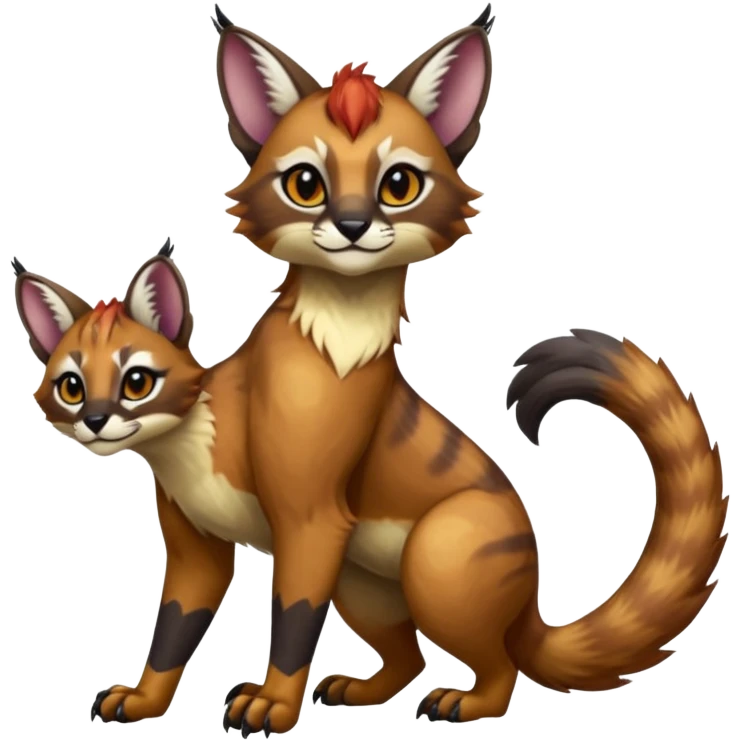 Colorful dark tropical exotic cute cool beautiful shiny beautiful fantasy-caracal-civet-genet-sergal-vernid-Gryphon-Cacomistle-Trico-oncilla-animal-Fakémon-hybrid-fursona (full body) emoji