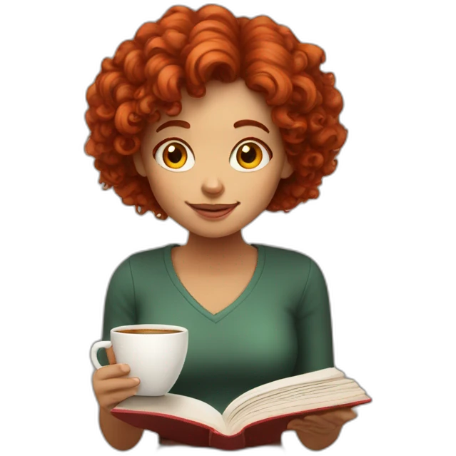 girl with red curly hair to the shoulders reading a book and drinking coffee emoji
