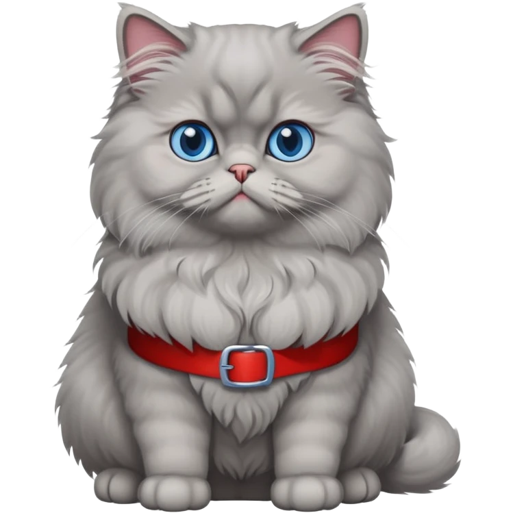 gray Persian cat full body sitting with blue eyes and red belt emoji