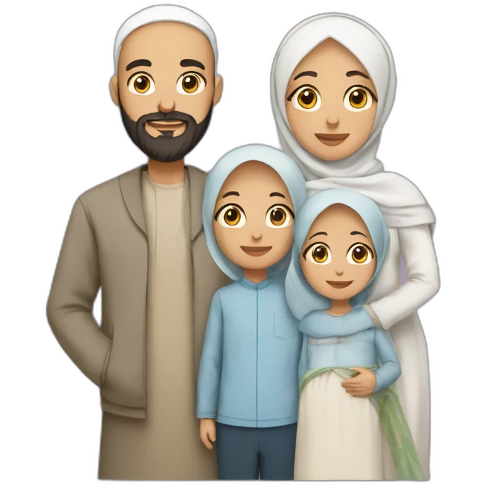 Muslim family with bearded and bald father , mother wearing hijab, two sons and one new born daughter emoji
