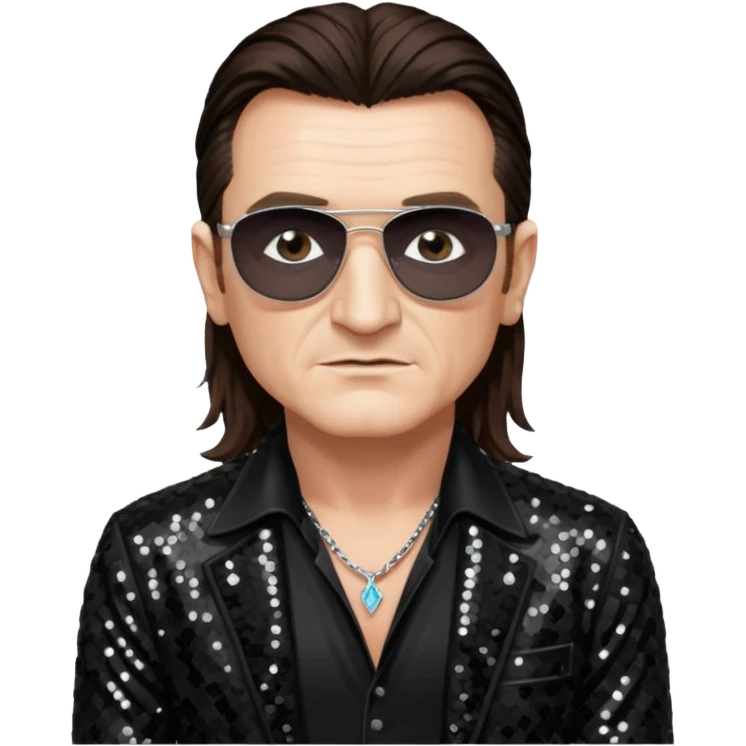 Bono from U2 with long dark brown hair, black sequin outfit  emoji
