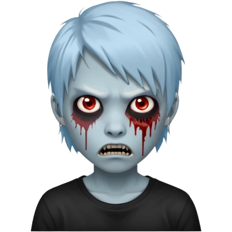  3D emoji-style avatar with very pale blue-grey zombie skin , a young Asian face, and large eyes with blood tears. Give it white litle bit messy mullet hair style , silver hoop earrings, and a plain black T-shirt. The face expression should be slightly angry, with vampire fang emoji
