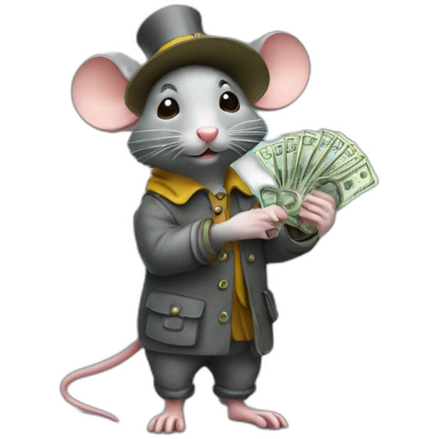 a rat with rain shoes on hist feet and holding money emoji