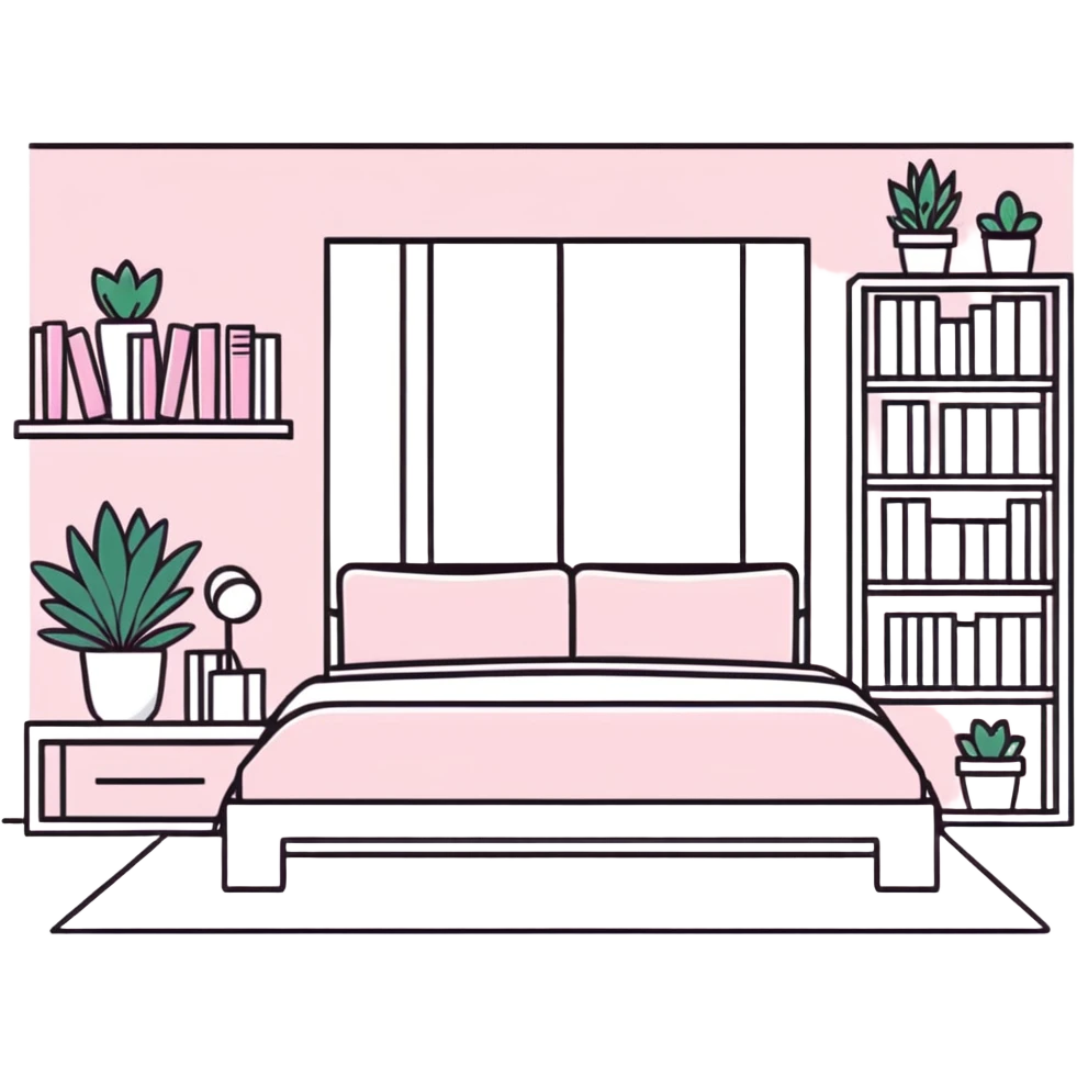 clean girl aesthetic bedroom with white furniture, pastel pink accents, neatly arranged books, potted plants emoji