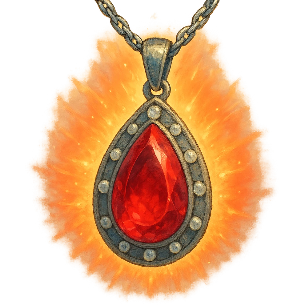 A teardrop ruby pendant with a silver chain and white stones, radiating a luminous aura of passion and renewal emoji