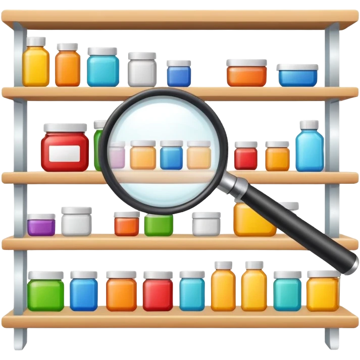 magnifying glass over product shelf searching for last item emoji