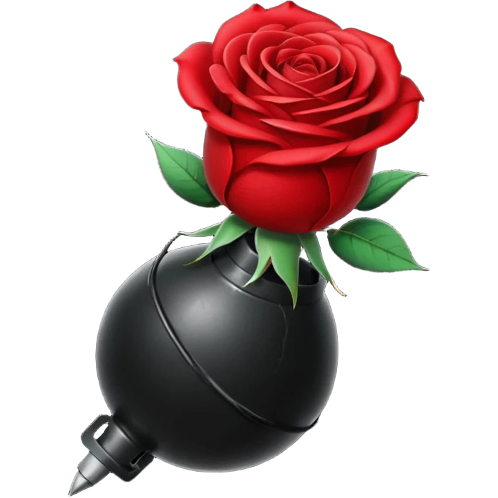 Deep red (#7A0F1E) no gradients, transparent background, high contrast, clean gothic aesthetic, designed to be readable at 128x129px a red rose wrapped around a bomb emoji