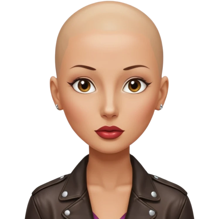 Gorgeous woman shiny , shaved half head no eyebrows leather jacket Alluring m wide nose bald head big glossy lips emoji