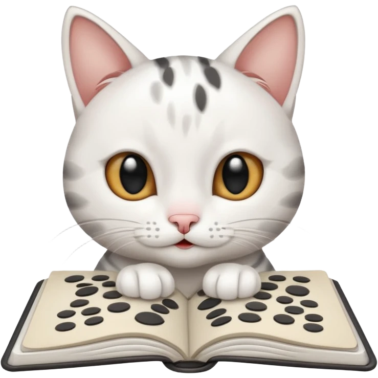 gatita feliz blanca con manchas negras atigradas viendo una libreta anillada  emoji