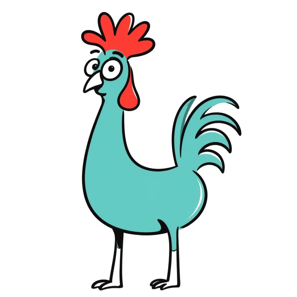 A silly cross-eyed rooster chicken with bright blue-green feathers, red comb, long neck, skinny legs, and confused expression emoji