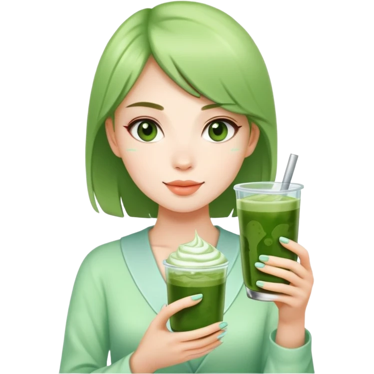 Beautiful girl holding glass cup of iced matcha  emoji