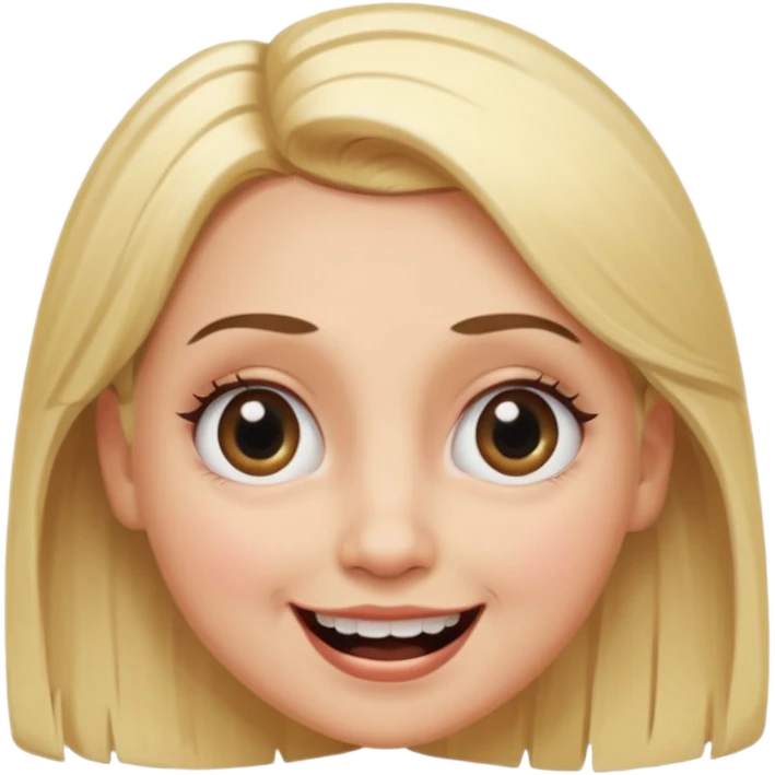 Lady smiling with no teeth, blonde dyed hair, laminated eyebrows, eyes with lashes, eyes wide,looks scared but still smiling, big cheeks, she looke scared emoji