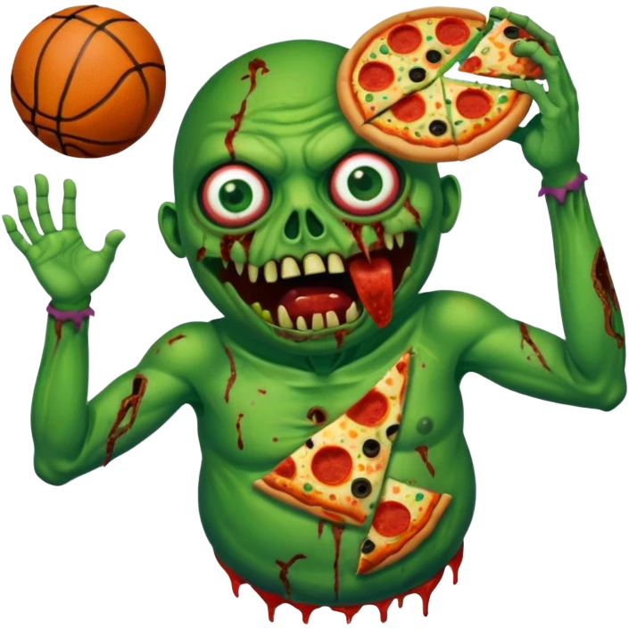 a glitch abomination with hands for a head, a baskeball stomach, pizza eyes, eyepatch, and zombie wounds emoji