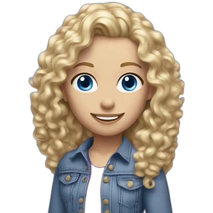 realistic caucasian long curly blonde blue eyed woman purple top blue jeans white sneakers emoji