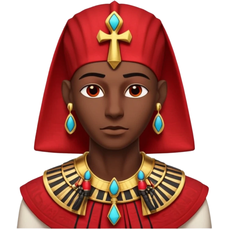 gothic ancient Egyptian character portrait, head and shoulders only, red and black color theme, pharaoh collar, ankh symbols, dark red royal fabric, Egyptian jewelry, mysterious expression, dramatic lighting, 3D cartoon, mobile game icon style, clean background, no text, no watermark
 emoji