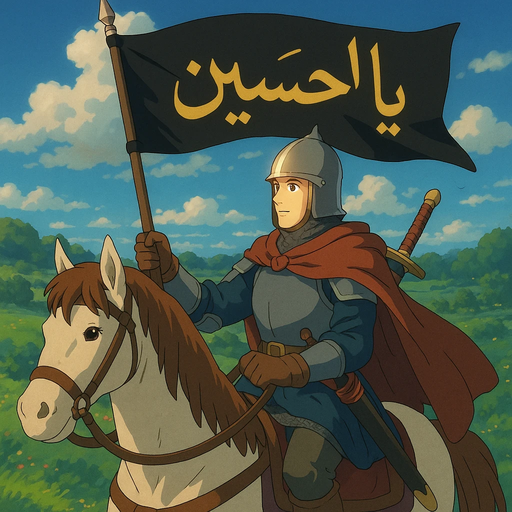 A knight with light on his face riding a horse, holding a banner with “Ya Hussein” written on it in Arabic, and holding a sword Tokijin In the sheath emoji