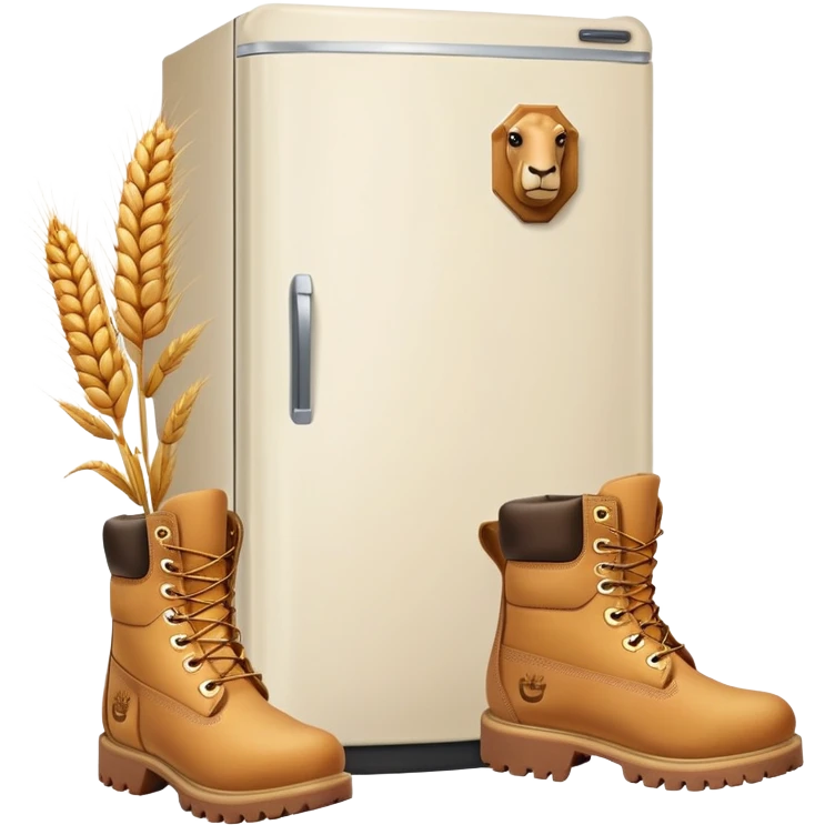 A white refrigerator with a camel head on top, and four Timberland-style wheat colored work boots attached to the bottom corners emoji