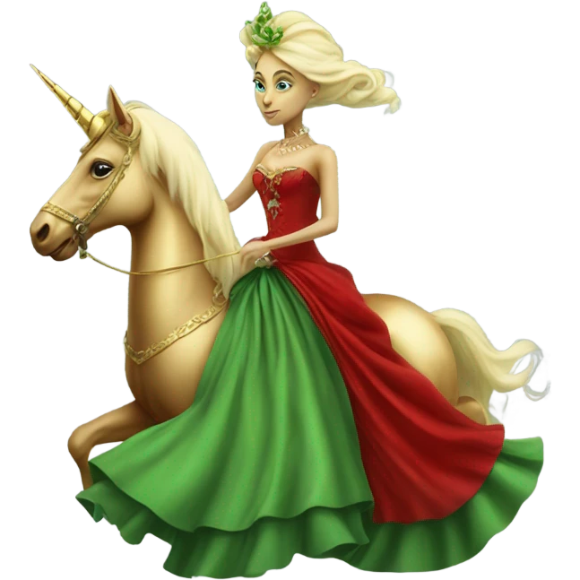 "galora green blonde alien woman" in red Victorian elegant dress, full body, rides unicorn gold and white
(NO WOKE)
 emoji