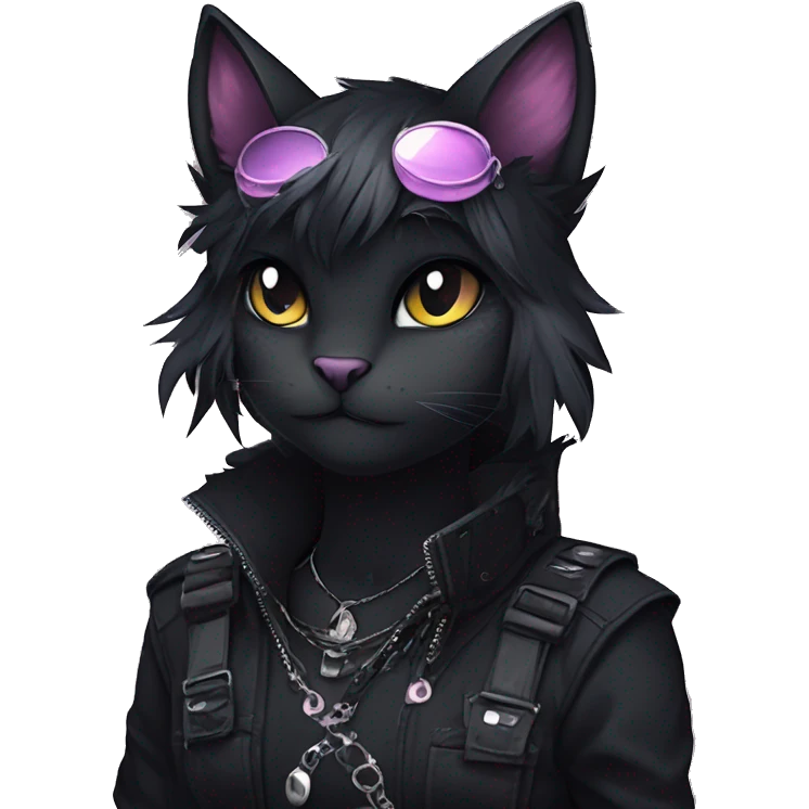 Gorgeous furry dark punk techwear anime style anthro black cat fursona with blushing face aesthetic and pretty edgy black with collar and harness trending style emoji