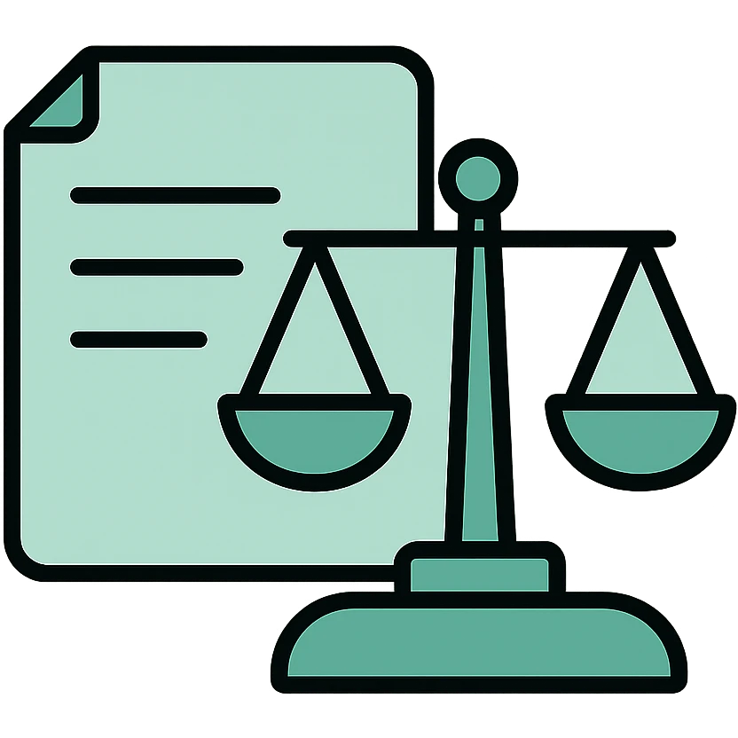 Administrative responsibility with scales of justice and document, fluid dimensional design, techy style, black outlines with mint green #B5F4D3 fills emoji