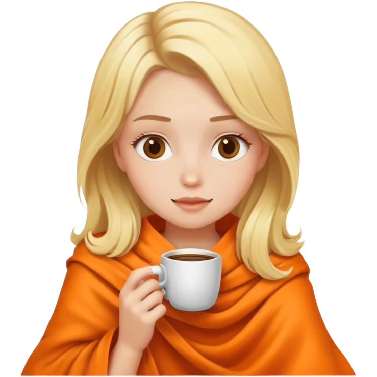 Blonde girl drinking coffe inside a orange blanket  emoji