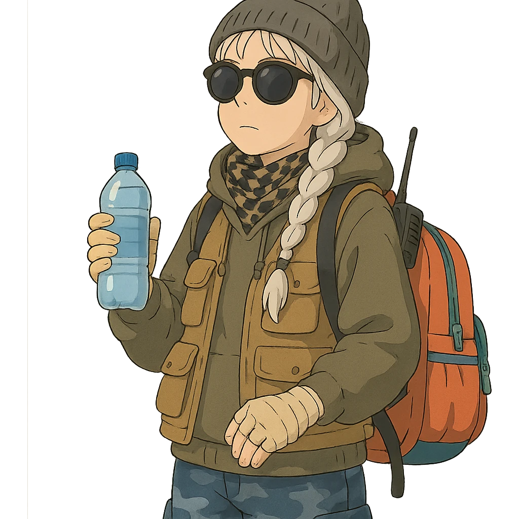 1 female, long white braid, knit cap, dark sunglasses, shemegh neckwrap, fishing vest, vibrant shool backpack, drab hoodie, handwraps, blue camo pants, handheld radio clipped to shoulderstrap of backpack, unkempt, holding a bottle of water emoji