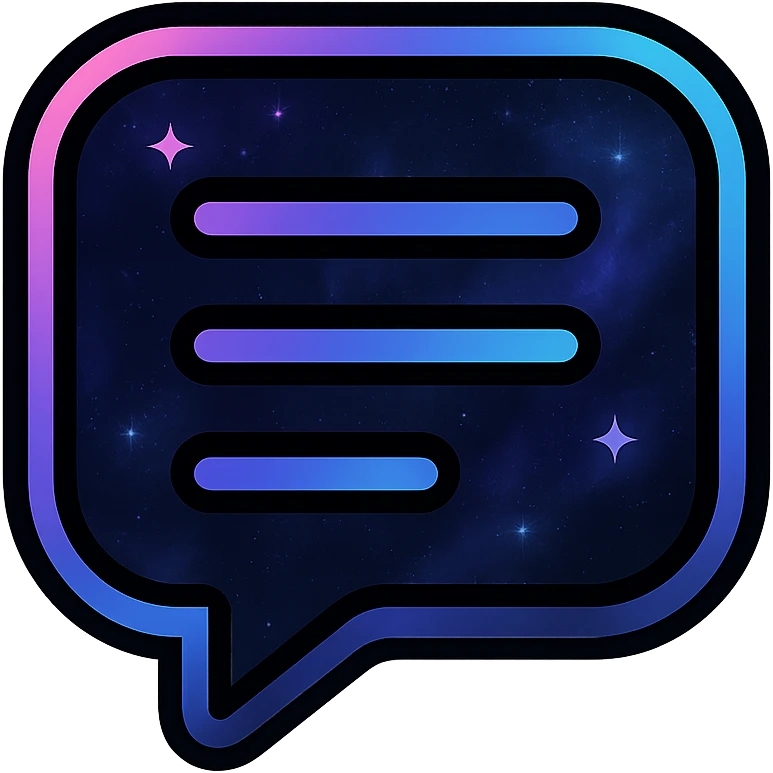 lyrics icon, modern clean abstract lyrics symbol with neon border and glowing effect, dark purples blues blacks base, nebula gradients, small bright stars, specular highlights, luminous look emoji