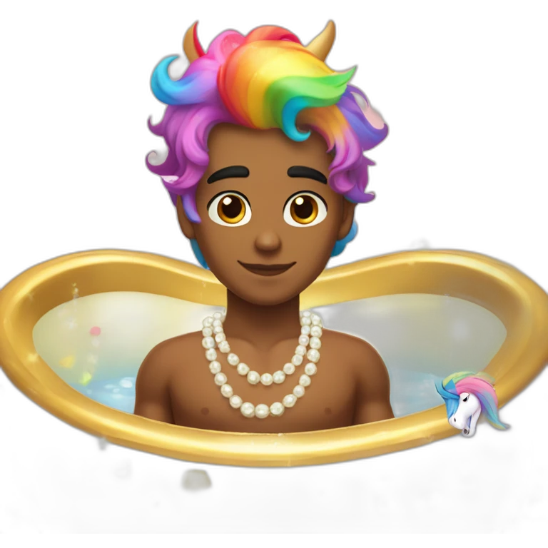 posh-muscle-boy-with-pearl-necklace-and-rainbow-unicorn-hair-in-golden-bathtub emoji