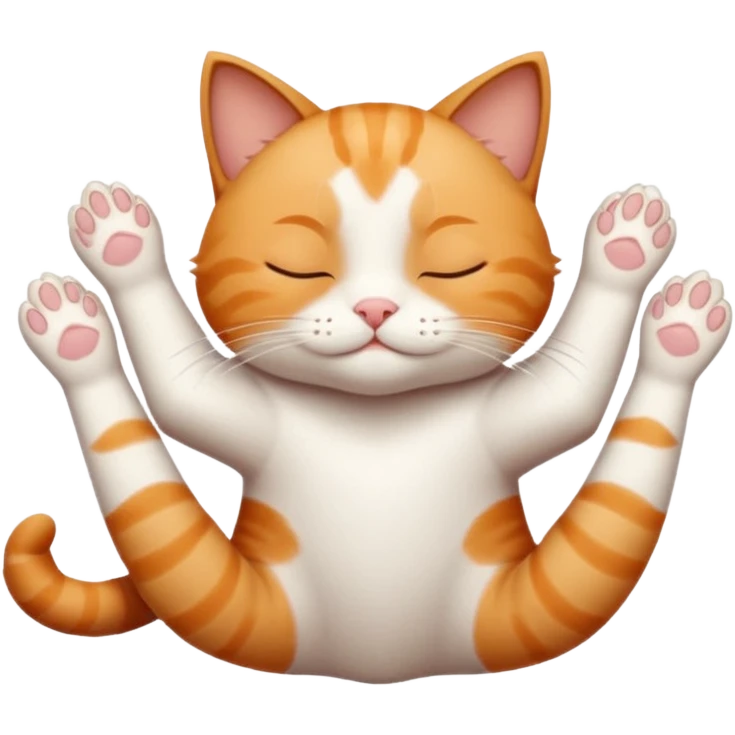 ginger and white small cat eyes closed lying down upside down with paws stretched out straight in different directions emoji