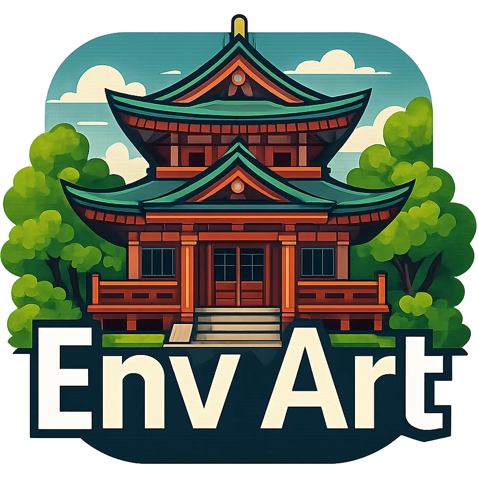 The words 'Env Art' in a bold, modern font, with a detailed Shinto shrine behind the text, harmonious composition, vibrant colors, suitable for a logo or icon. emoji