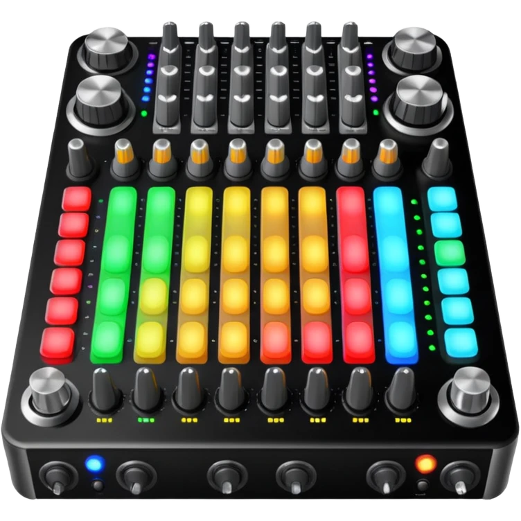 The long DJ mixer features faders, EQ knobs and multi-colored LEDs. emoji