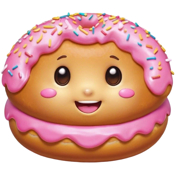 Cinematic tiny happy donut, round and fluffy, golden brown with pink icing and sprinkles, tiny adorable face with blushing cheeks, warm glowing background. emoji