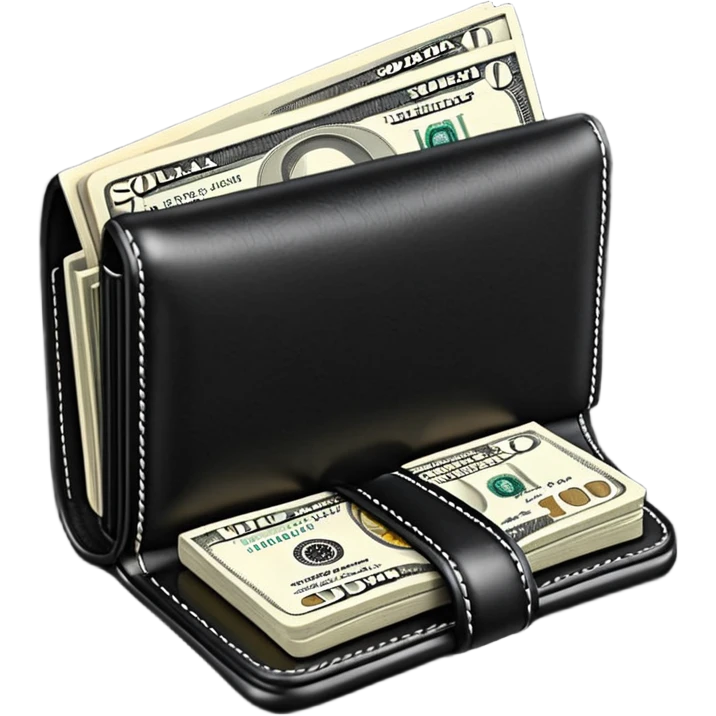 Rich emoji style black leather wallet with dollar bills, luxury money vibe, premium 3D emoji, ultra clean, high detail, no background
 emoji