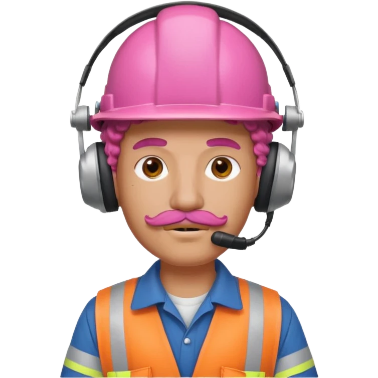 construction worker with pink curly hair and protective headphones and mustache emoji