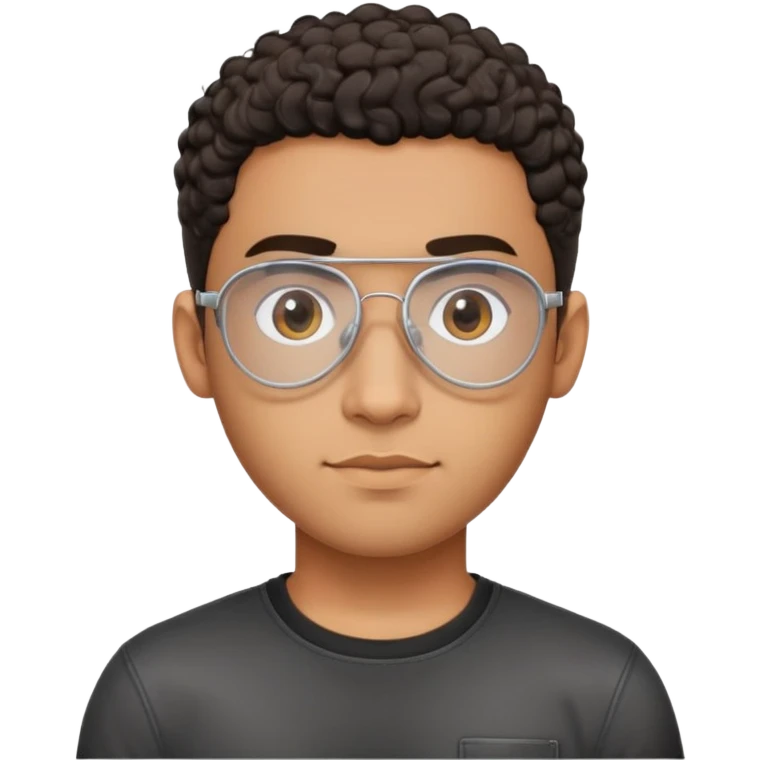 Young brown-skinned Latino man with oval face and large forehead, metal-framed aviator glasses with clear lenses, high skin fade haircut with very short dark curls only on top, calm friendly expression, black t-shirt emoji