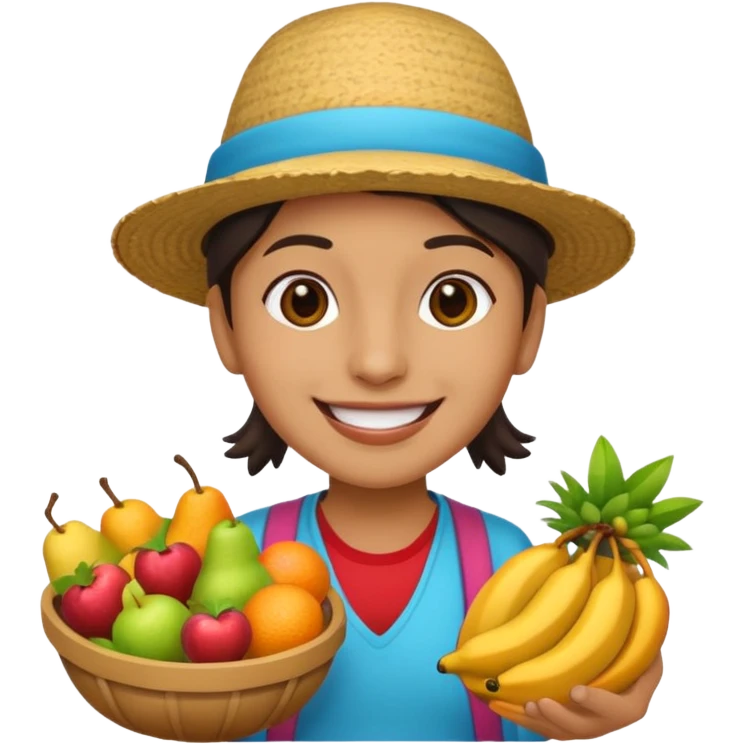 3D emoji illustration of a Peruvian street vendor, selling fruits and snacks on the sidewalk, smiling, urban neighborhood in background, bright colors, cartoon style, bold outlines, glossy sticker, transparent background emoji