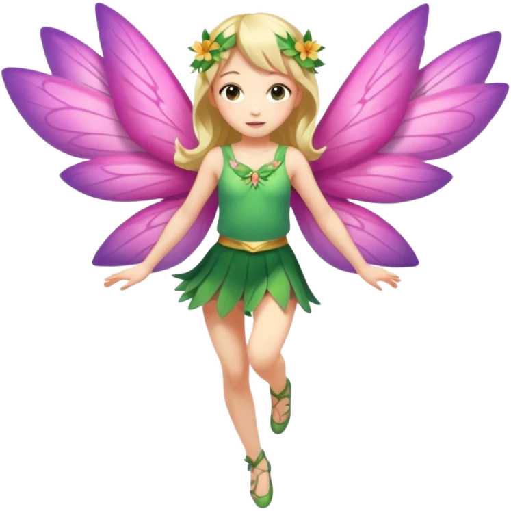 A winged flower fairy girl, wearing a short skirt, one leg straight and the other bent, her body tilted, in a flying pose. emoji