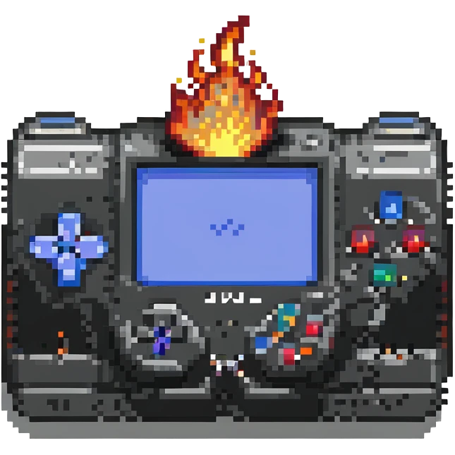 pixel art PlayStation console with fire effects, retro and vibrant emoji