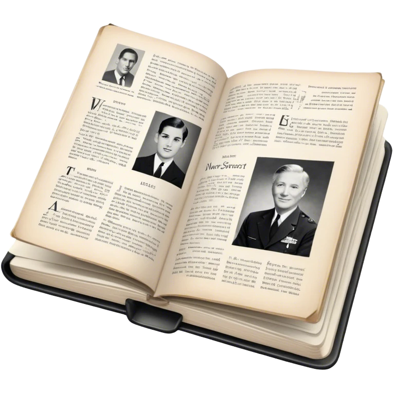 Icon for Non-Fiction & Narrative Reading: an open book with historical facts and narrative text on the pages, featuring black-and-white photos, news clippings, and an open folder with top-secret documents. Transparent background. emoji