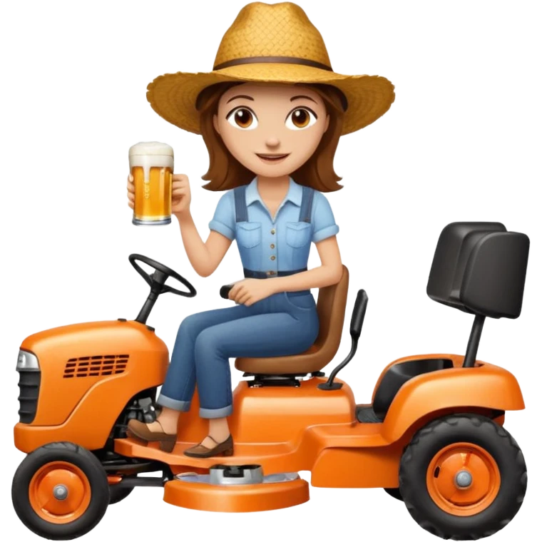 White woman with brown hair, without glasses wearing a straw hat, on old orange ride on lawn mower, holding a beer with one hand and holding the steering wheel with the other hand. Woman is smiling. Lawn mower brand is called “Westwood” emoji