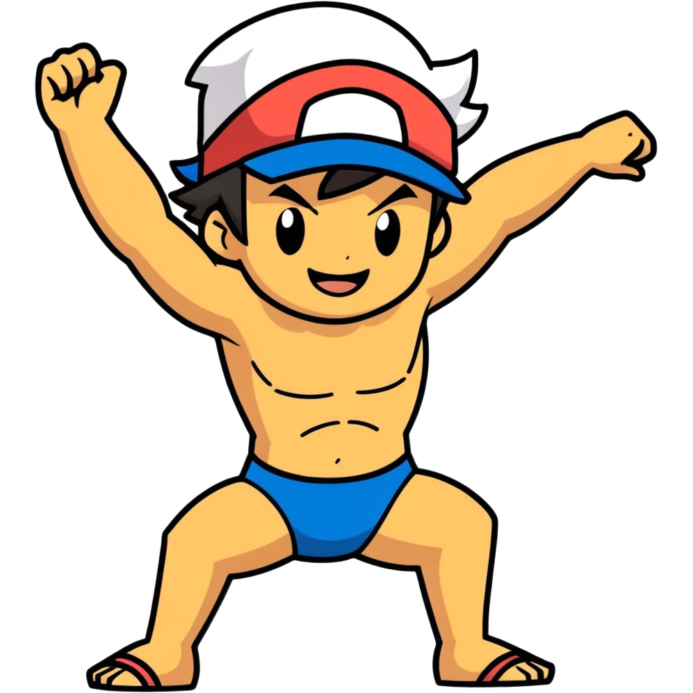 Hot handsome very muscular 6ft 5inch tall smiling happy fun shirtless Ash Ketchum dancing in a club with friends in short swimwear emoji