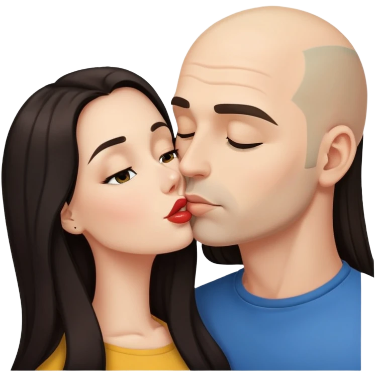 Beautiful woman with long dark hair, kissing a bald man emoji