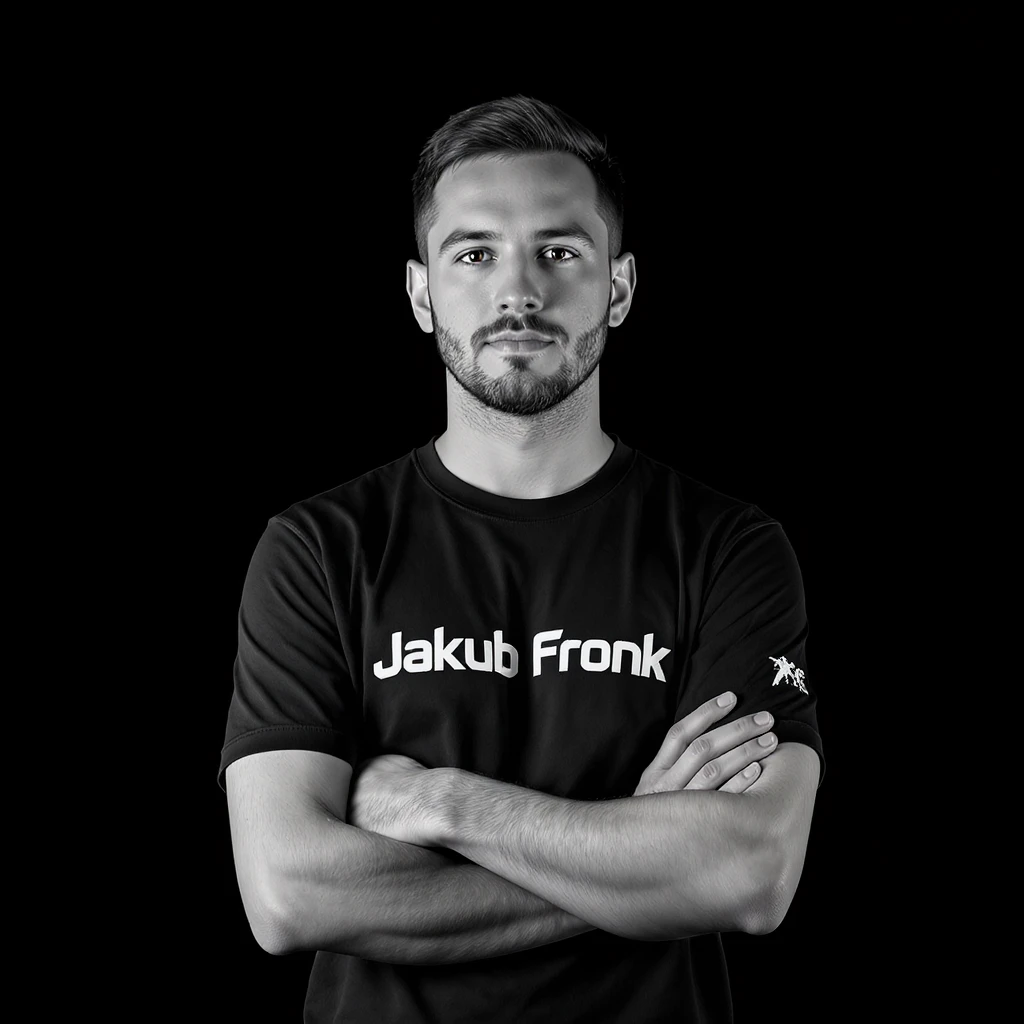 Csgo pro player profile proffesional photo, low key light back light, man standing crossed hands with tshirt with text "Jakub Fronk" black solid background emoji
