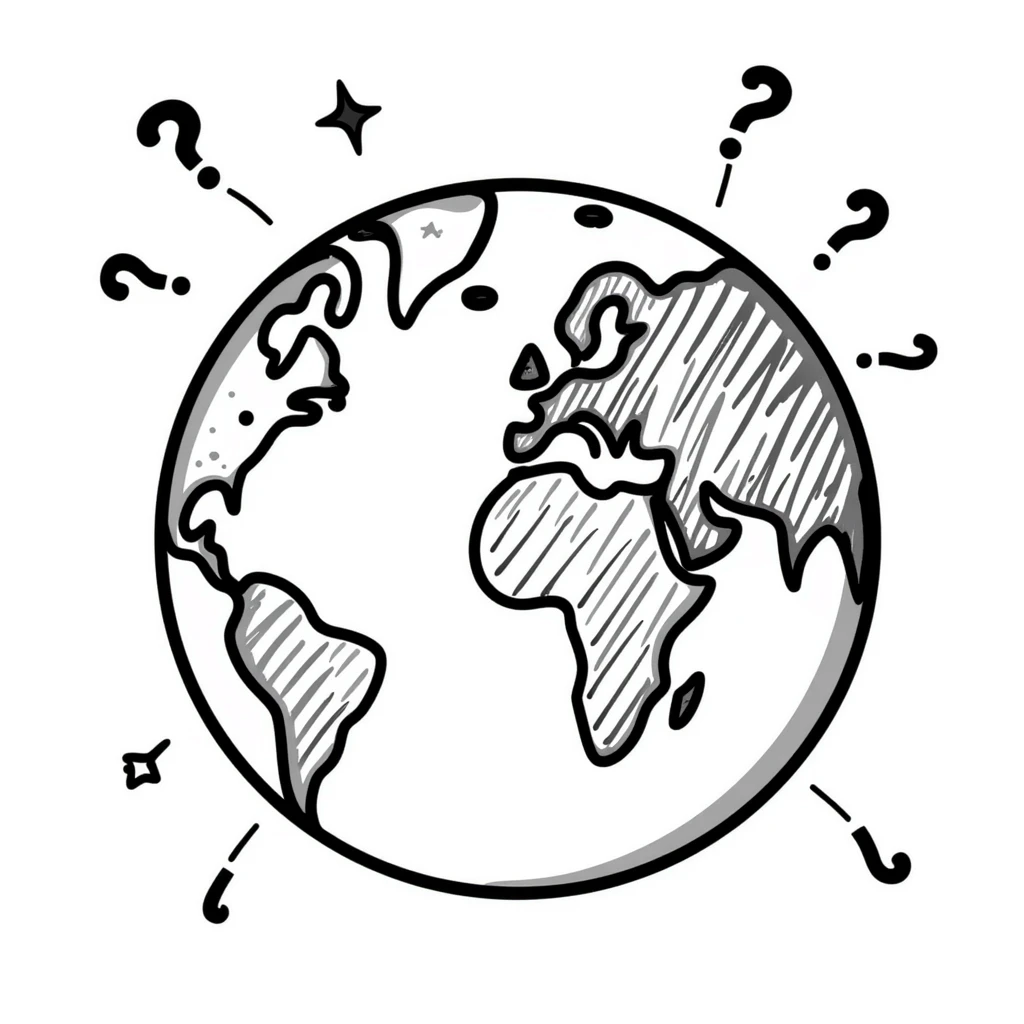 doodle style globe with question marks and sparkles emoji