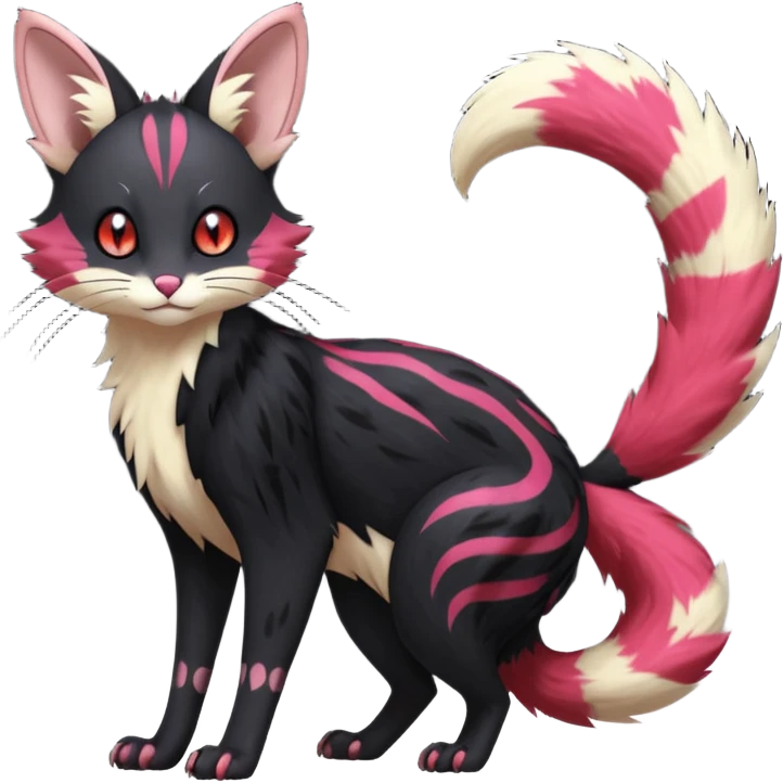 Hyper realistic  void-black fur haunted by crimson neon pulse-lines like living circuitry beautiful elegant pretty precious cute  Fakémon-Pokémon-opossum-feline-serval-caracal-chinchilla-Furret-Minccino-hybrid-creature with a big fluffy bushy tail (full body) emoji