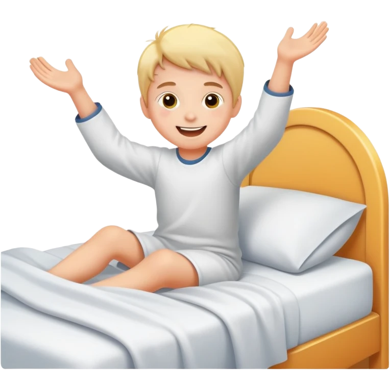 child happily getting out of bed in the morning, bright and friendly emoji