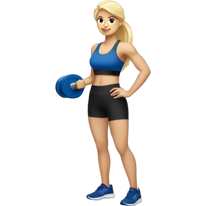blonde woman working out with a black tank top and a blue shorts holding a dumbbell emoji