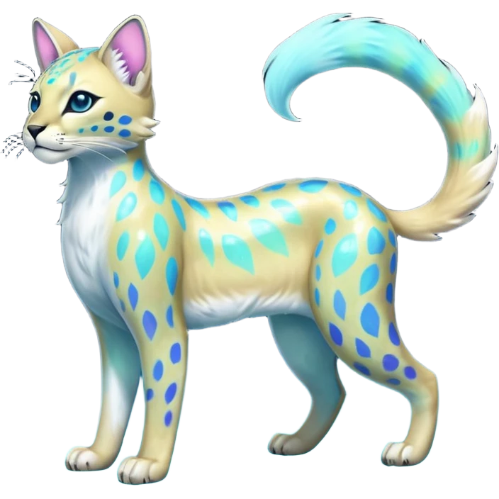 Colorful Iridescent Shiny Pastel Nebulae Glowing Neon Bioluminescent Bright Icy Elemental Pawny Majestic Elegant Thin Long Mature Realistic Liepard-Amaura-Litten-Sprigatito-Caracal-Lynx-Genet-Civet-Glaceon-Pokémon-fusion-creature (full body) emoji